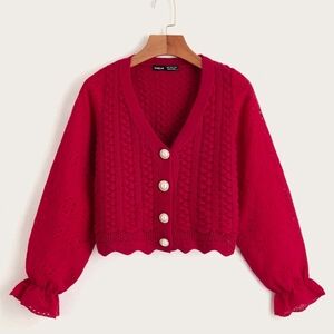 Red V-Neck Button Knit Sweater Cardigan